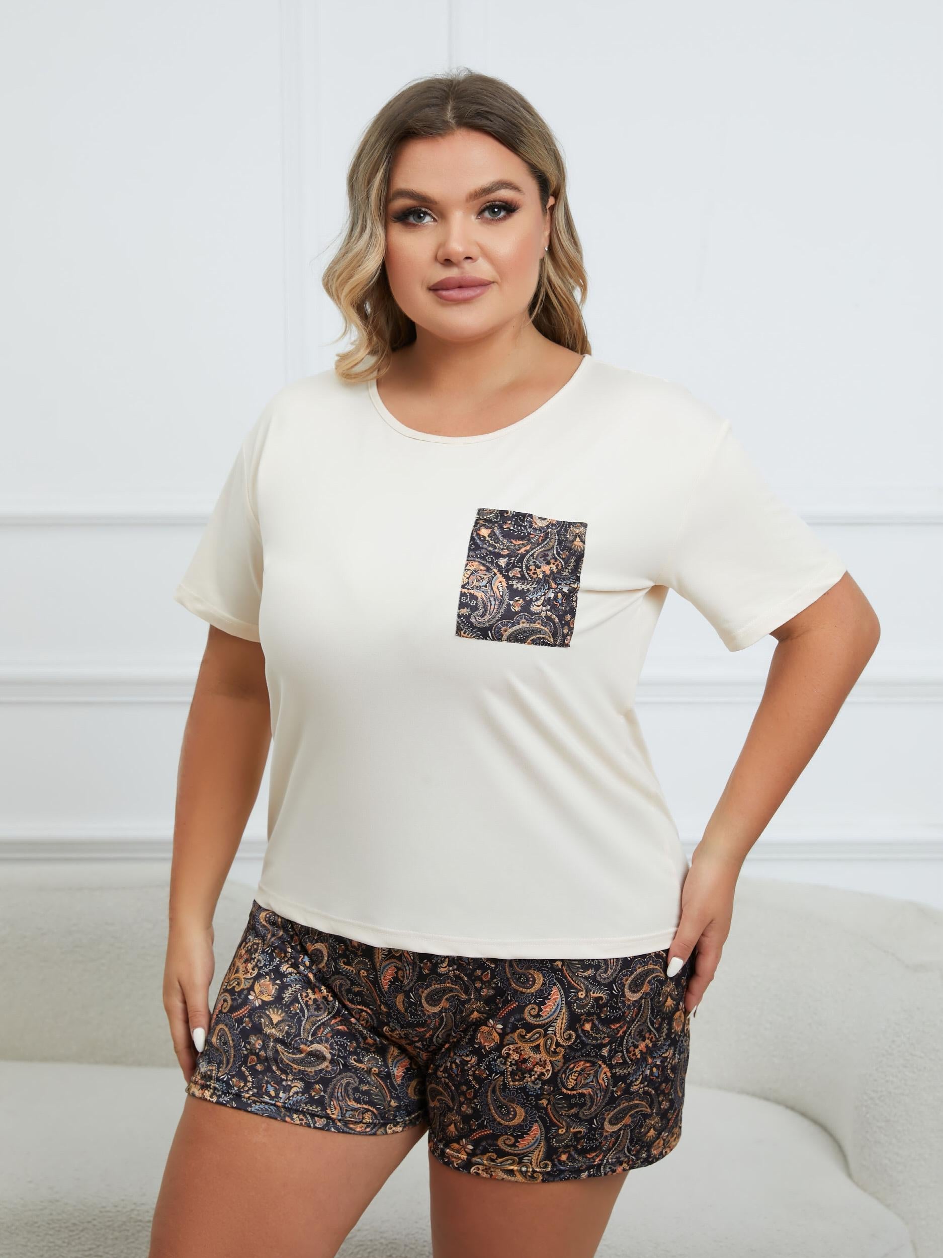 Paisley Print Short Sleeve Tee & Bow Knot Shorts Pajama 2 Piece Set