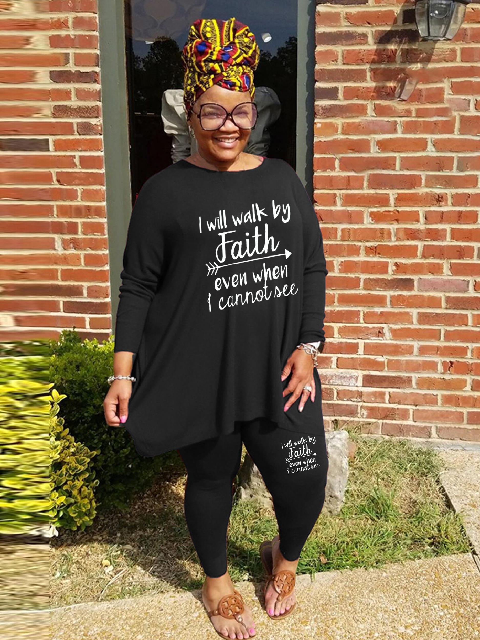  Women's Arrow & Slogan Print Tunic Top & Leggings Set