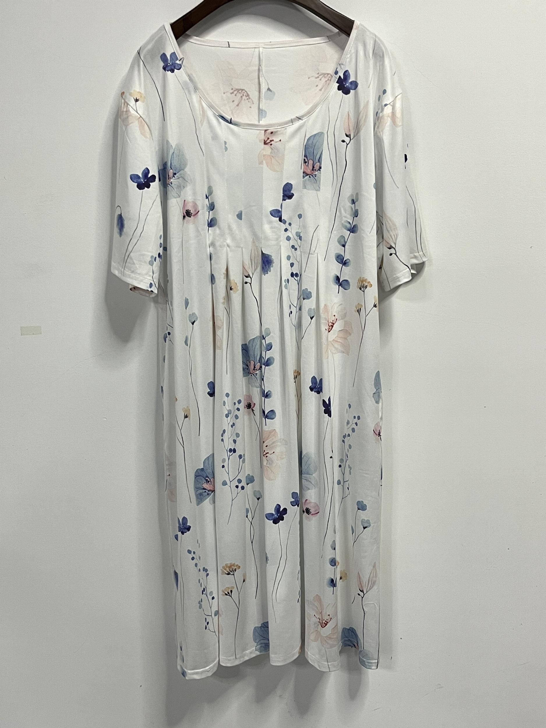  Floral Print Short Sleeve Pleated Dress With Pockets