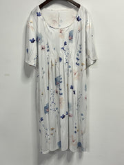  Floral Print Short Sleeve Pleated Dress With Pockets