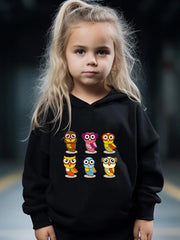 Cartoon Owls Print Hoodie & Pants Set Girl's Sporty Clothes