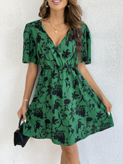 Floral Print Surplice Neck Short Sleeve Dress for Women
