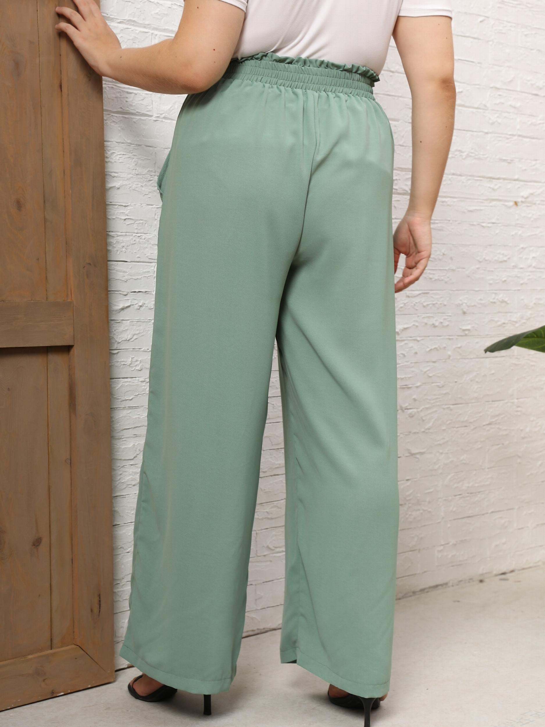  Ruffle Trim Wide Leg Pants With Pockets