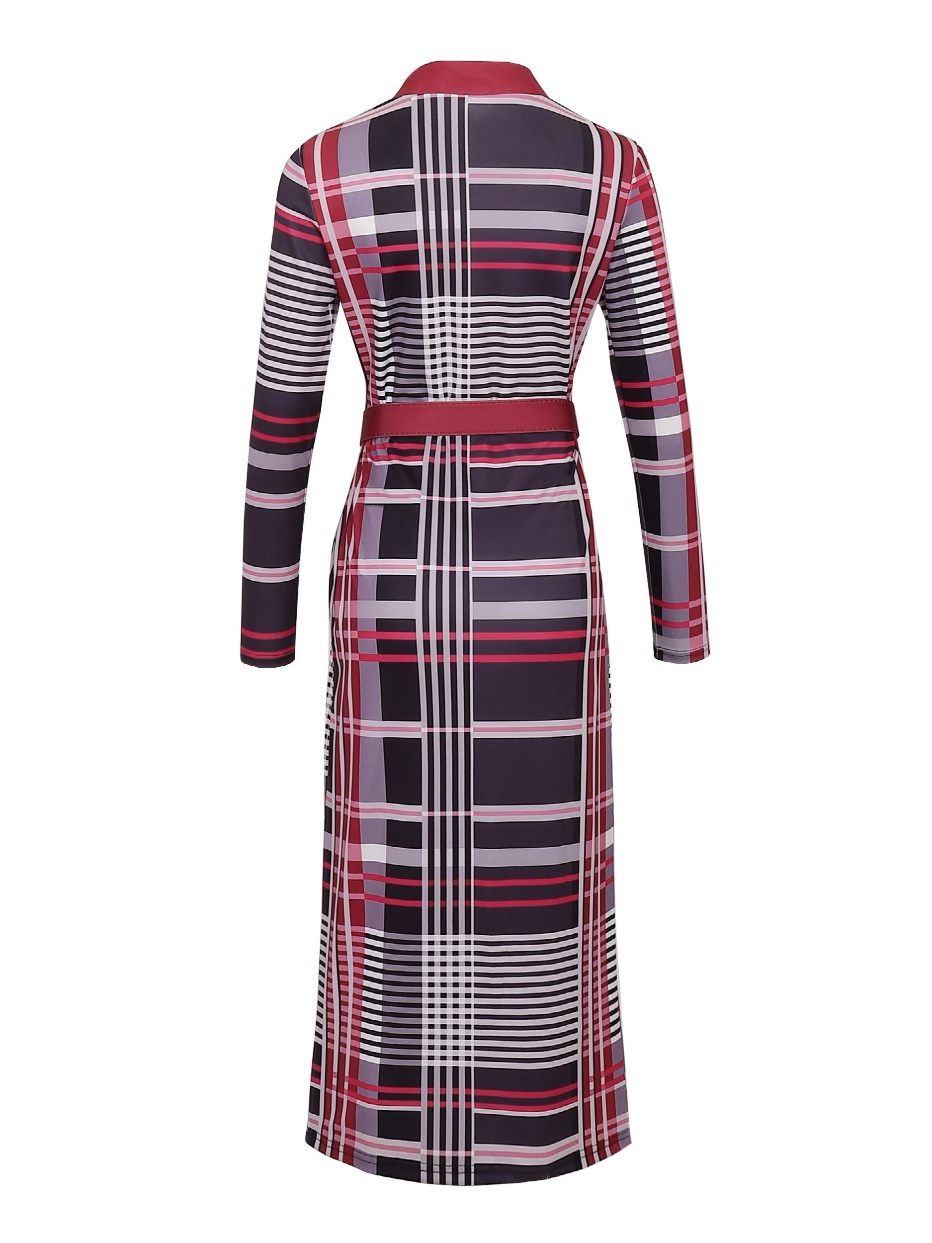 Plaid V-Neck Long Sleeve Dress for Spring & Fall