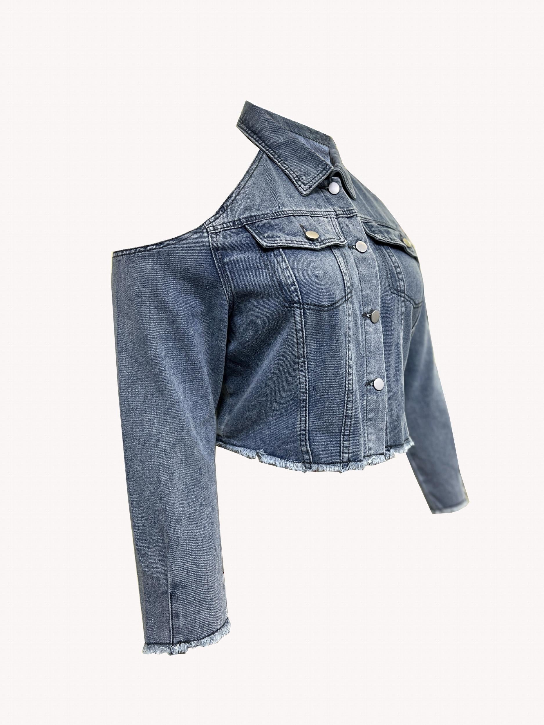  Sexy Denim Jacket - Cold Shoulder Button Up Crop Denim Jacket