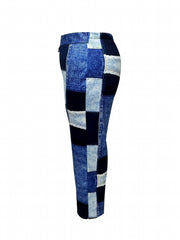  Colorblock Denim Print Button Detail Wide Leg Trousers