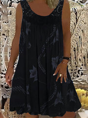  Casual Tank Dress Women's Plus Leaf Print Contrast Lace Round Neck