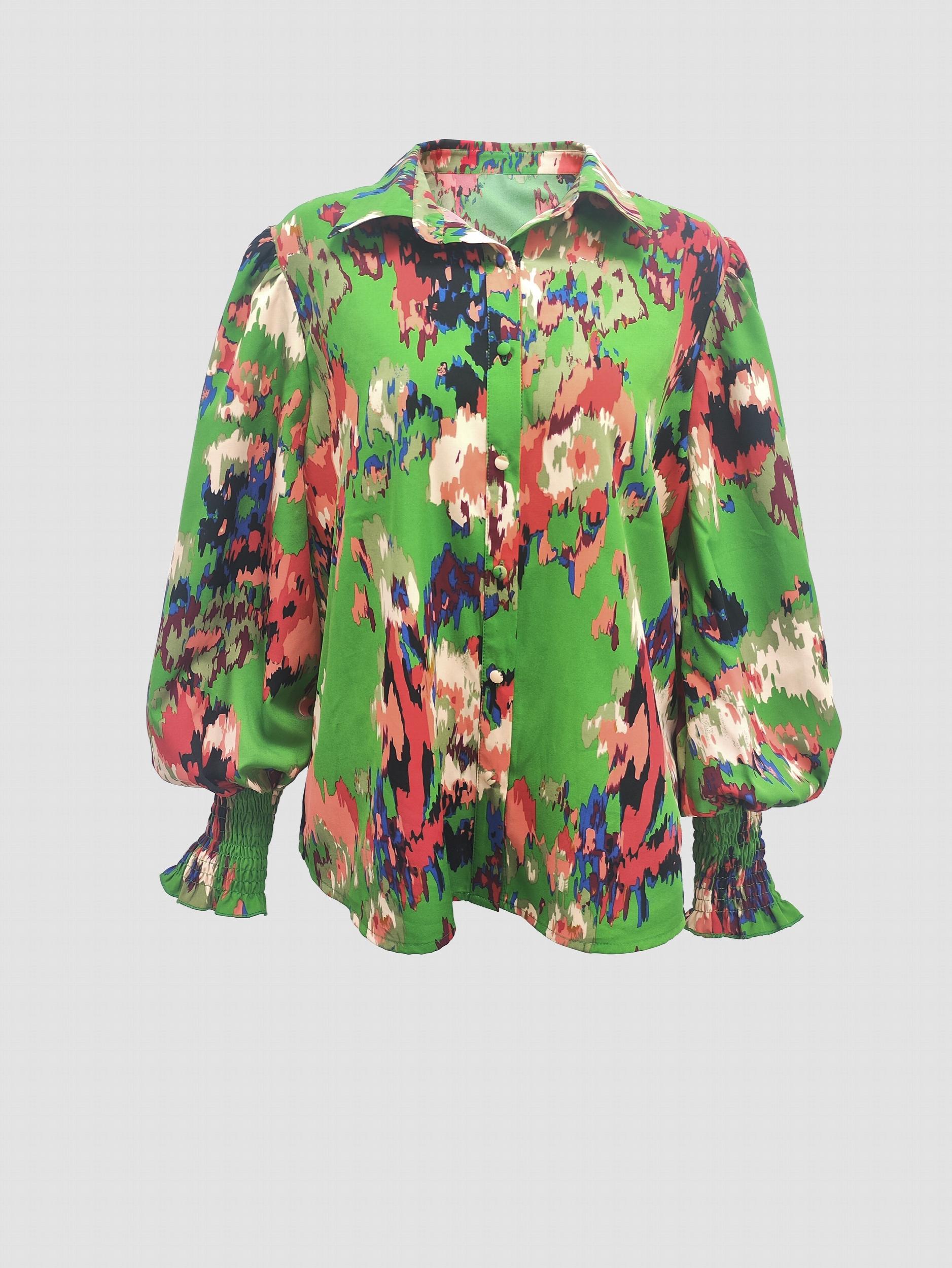  Colorblock Button Up Lantern Sleeve Blouse