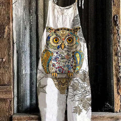  Owl Print Square Neck Tie Shoulder Jumpsuit
