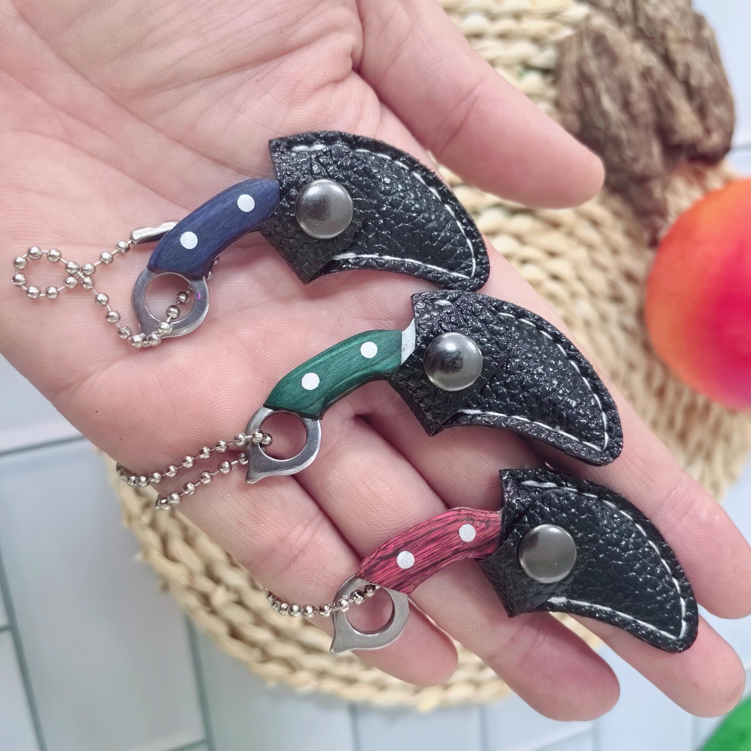 Green red wooden handle mini stainless steel keychain with leather cover