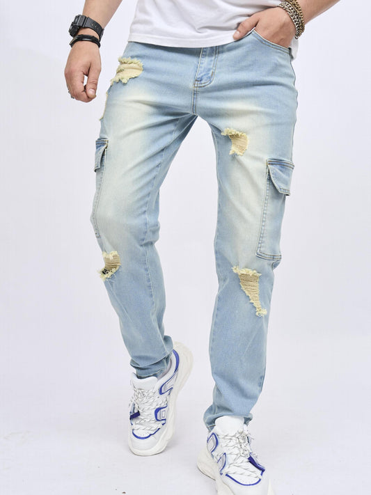 Ripped Jeans Men Casual Medium Stretch Denim Pants