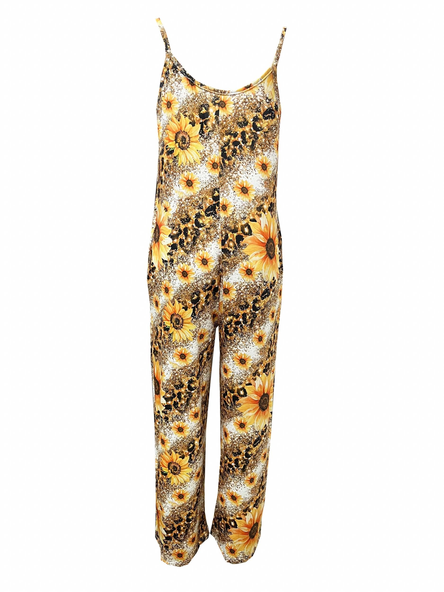  Sunflower & Leopard Print V Neck Wide Leg Cami Jumpsuit With Pockets