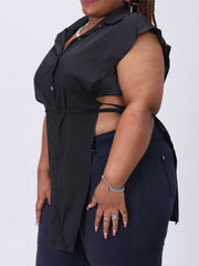  Y2k Blouse Cap Sleeve Button Up Turn Down Collar Top