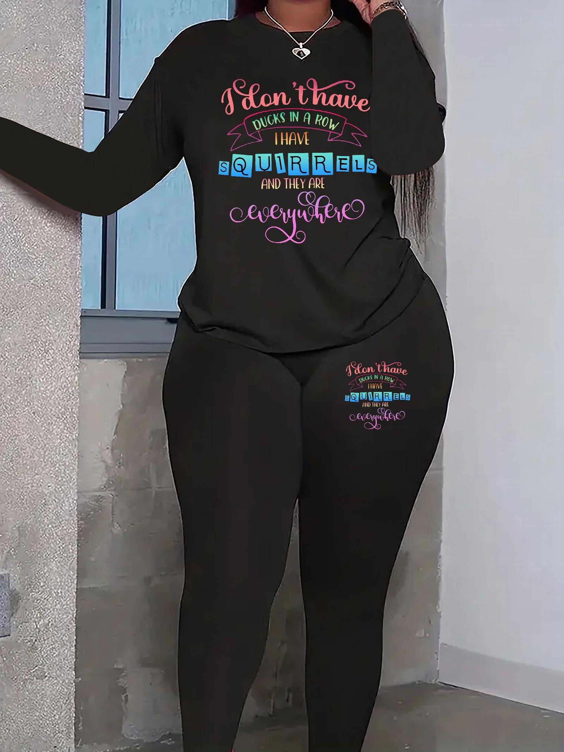 Women's Plus Slogan Top & Leggings Set