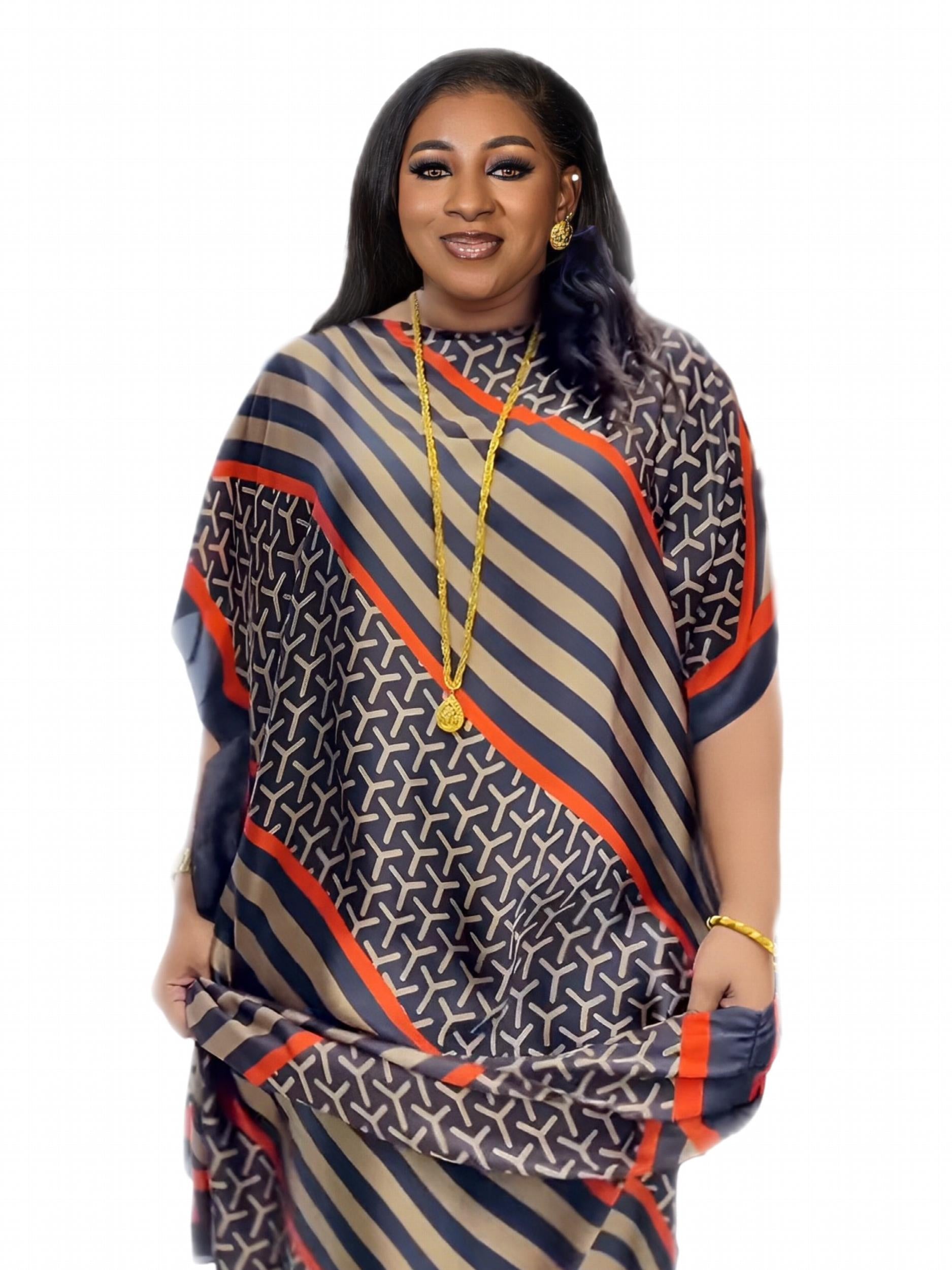  Colorblock Stripe Geometric Print Batwing Kaftan Dress