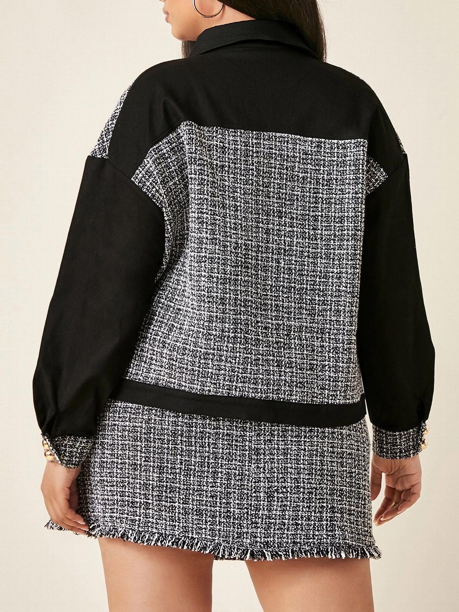  Colorblock Tweed Long Sleeve Coat & Midi Skirt Outfit Set