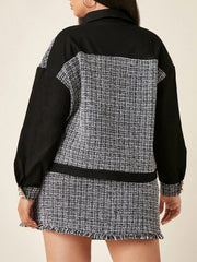  Colorblock Tweed Long Sleeve Coat & Midi Skirt Outfit Set