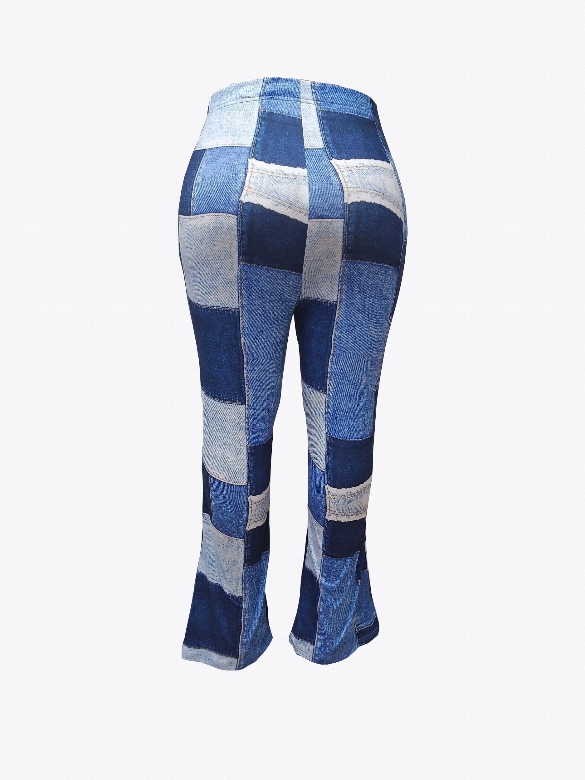  Denim Print Flared Leg High Waist Trousers