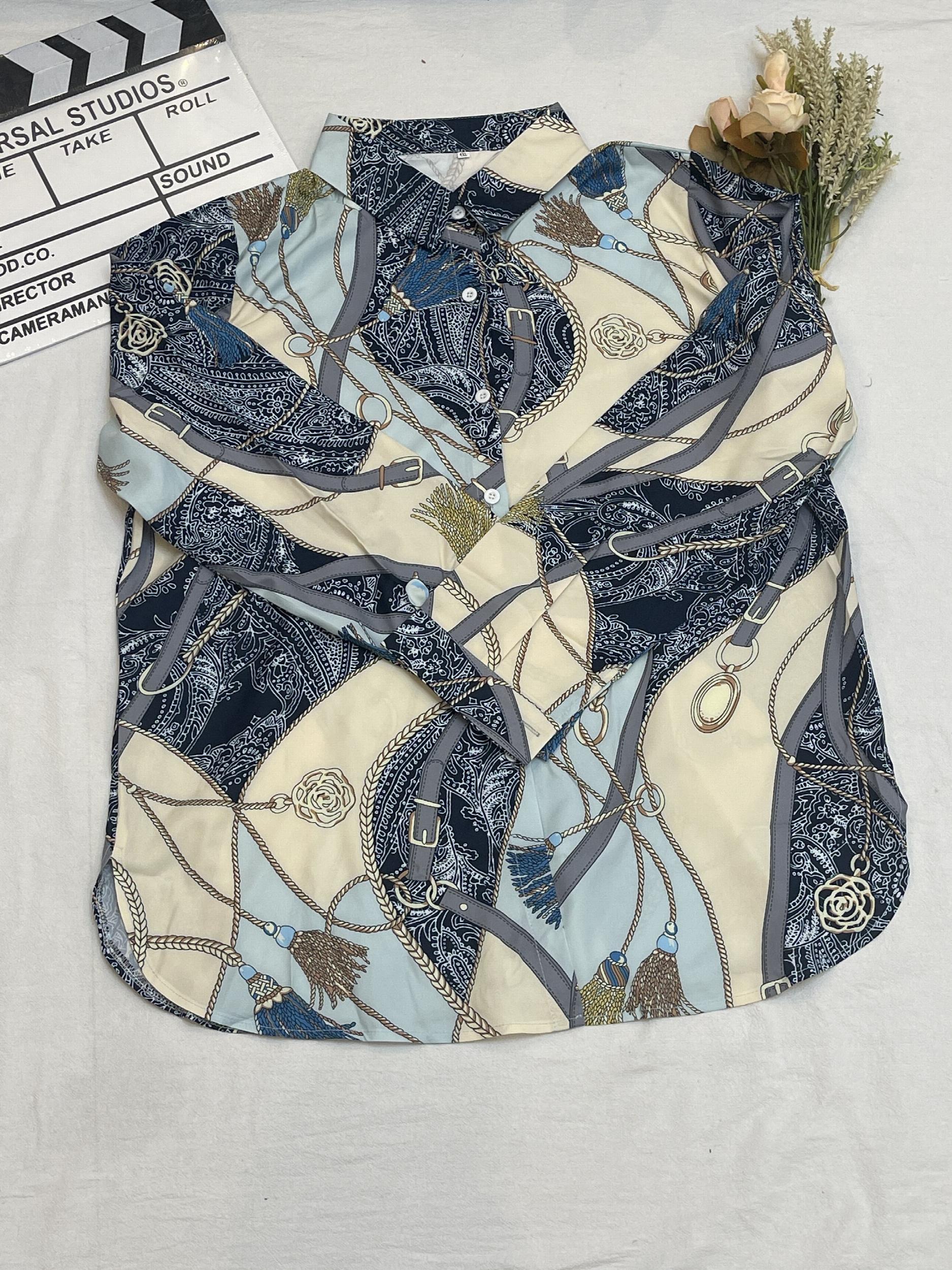  Colorblock Chain & Paisley Print Button Up Long Sleeve Blouse