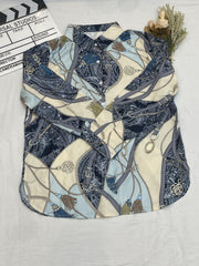 Colorblock Chain & Paisley Print Button Up Long Sleeve Blouse