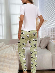 Cartoon Print Pajama Set & Crew Neck Top & Lounge Pants Women's Sleepwear