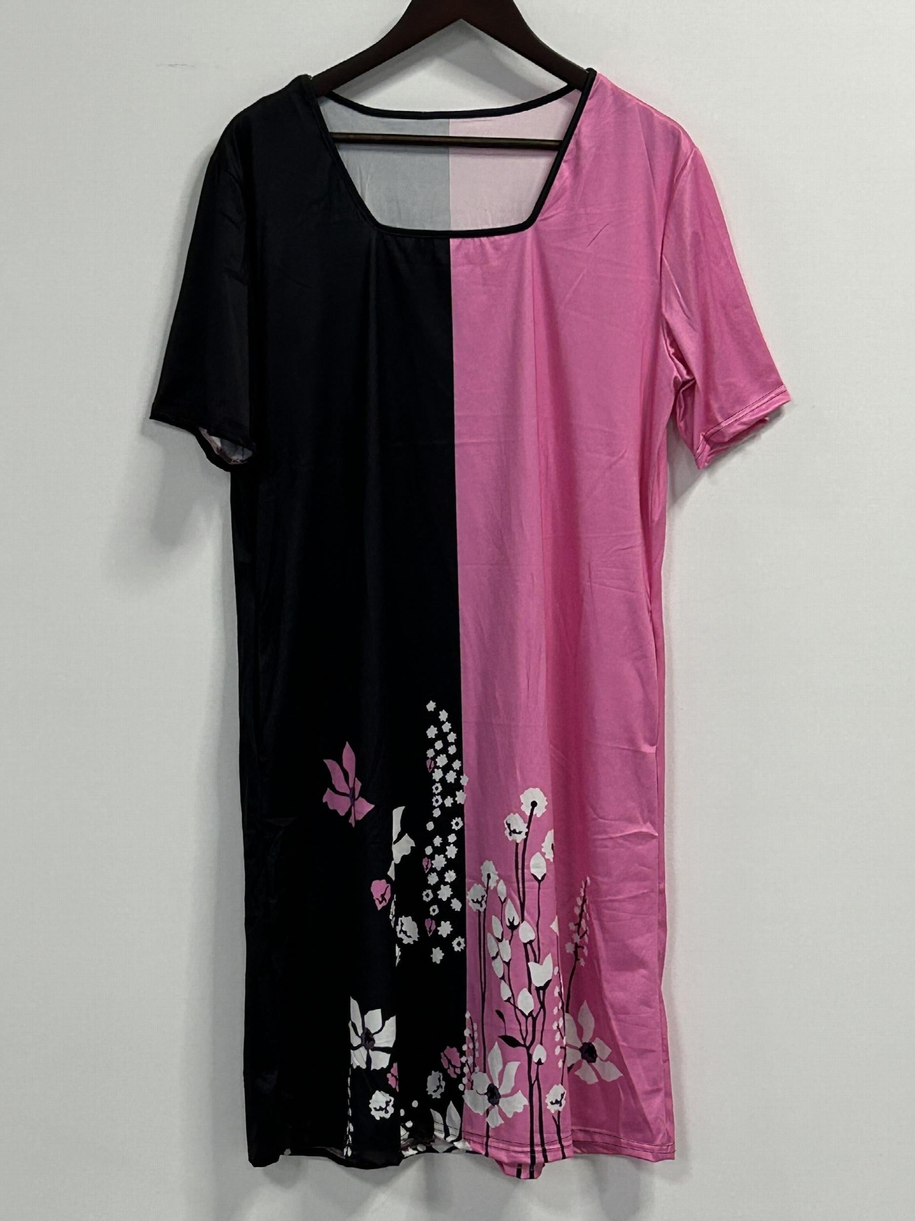  Colorblock Floral Print Short Sleeve Dress with Pockets