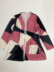  Colorblock Geo Print Open Front Cardigan with Pockets