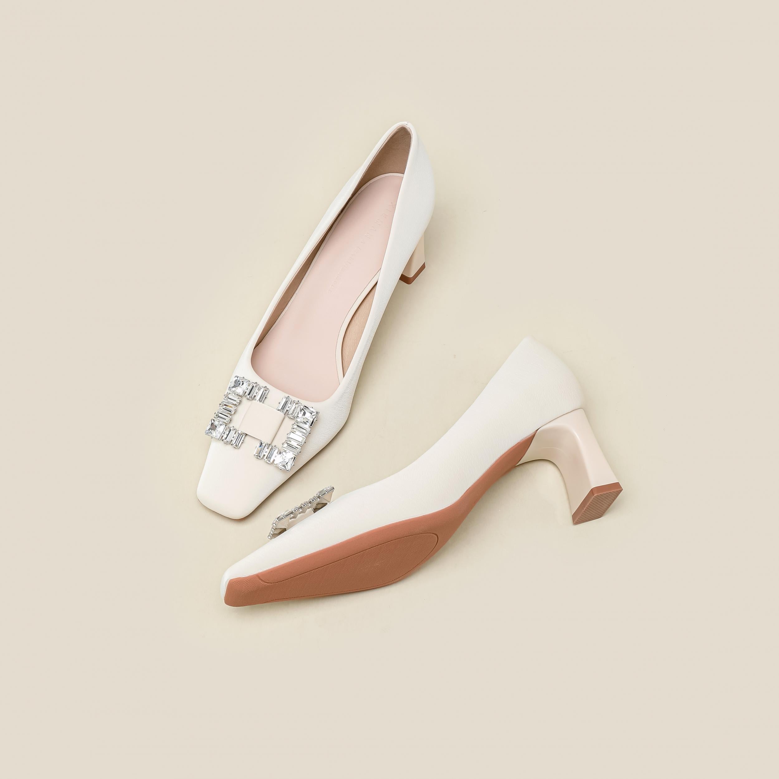 Women's Rhinestone Decor Chunky Heels Square Toe Slip On Shoes