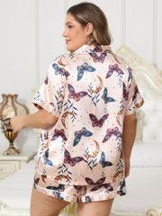  Butterfly & Moon Print Pajama Set Short Sleeve Button Up Shirt & Short