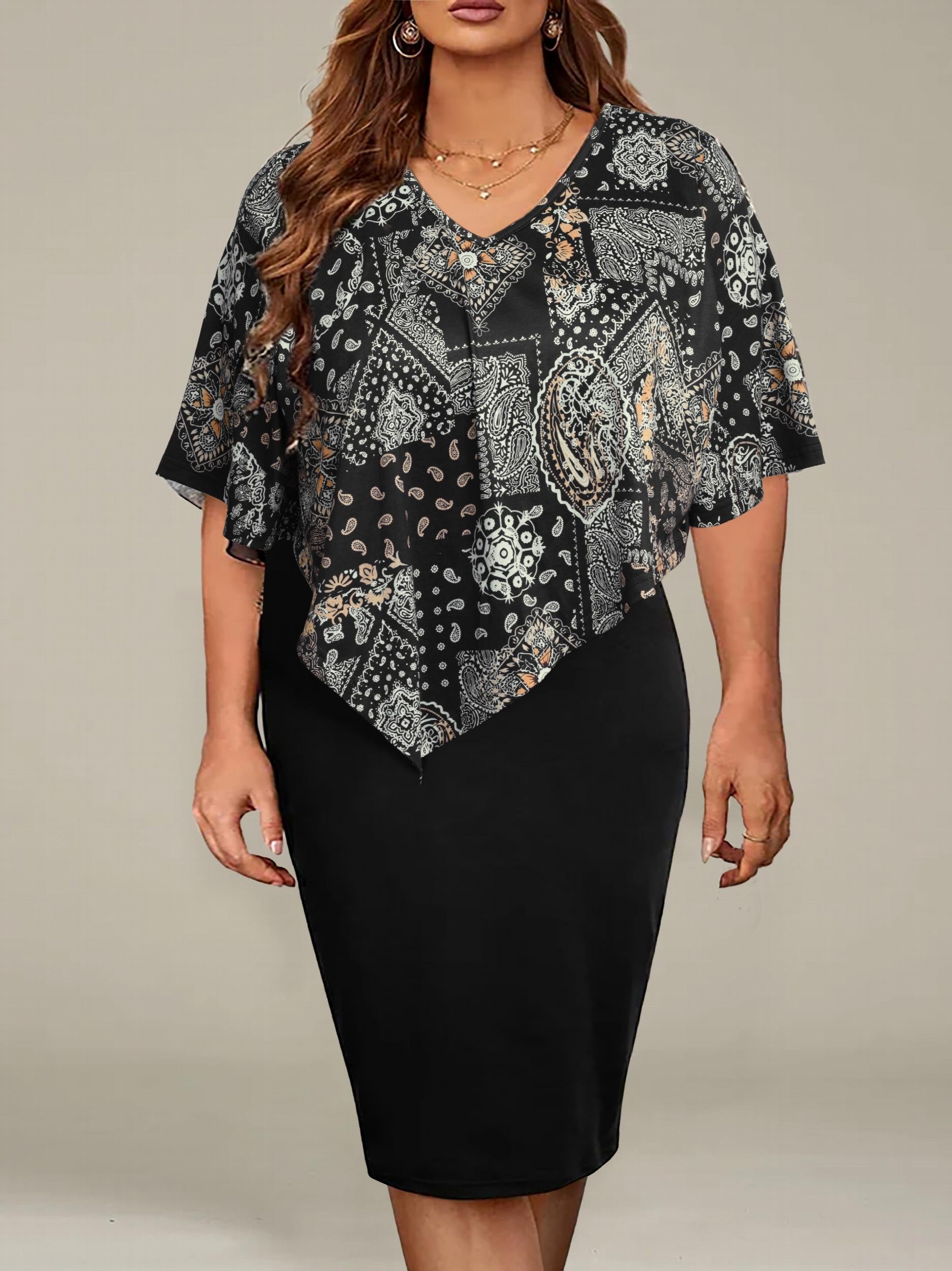 Boho Dress Colorblock Scarf & Paisley Print Short Sleeve V Neck Dress