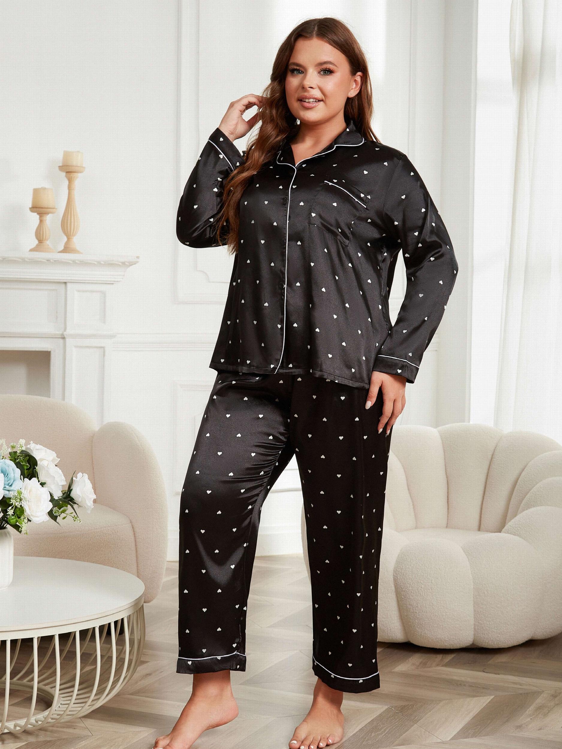  Satin Heart Print Pajama Set Shirt & Pants Lounge Two Piece