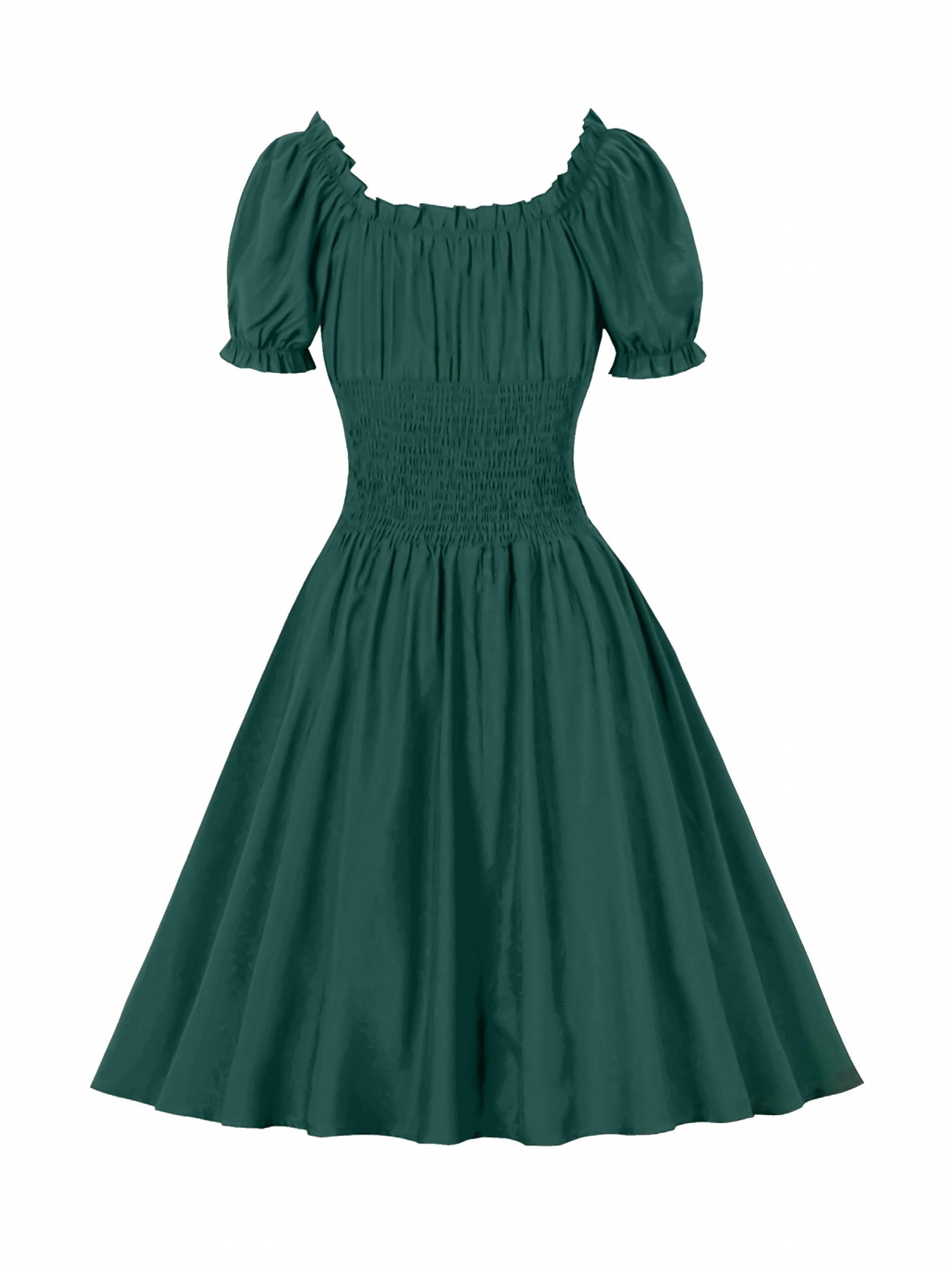  Retro Dress Off Shoulder Puff Sleeve V Neck Swing A line Dress