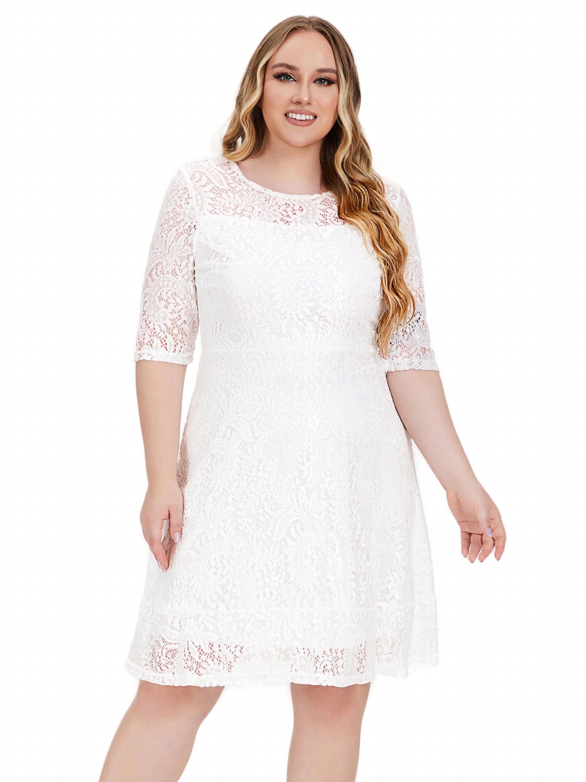  Lace Semi Sheer 3/4 Sleeve Midi Dress Women's Plus Stretch Midi Dress