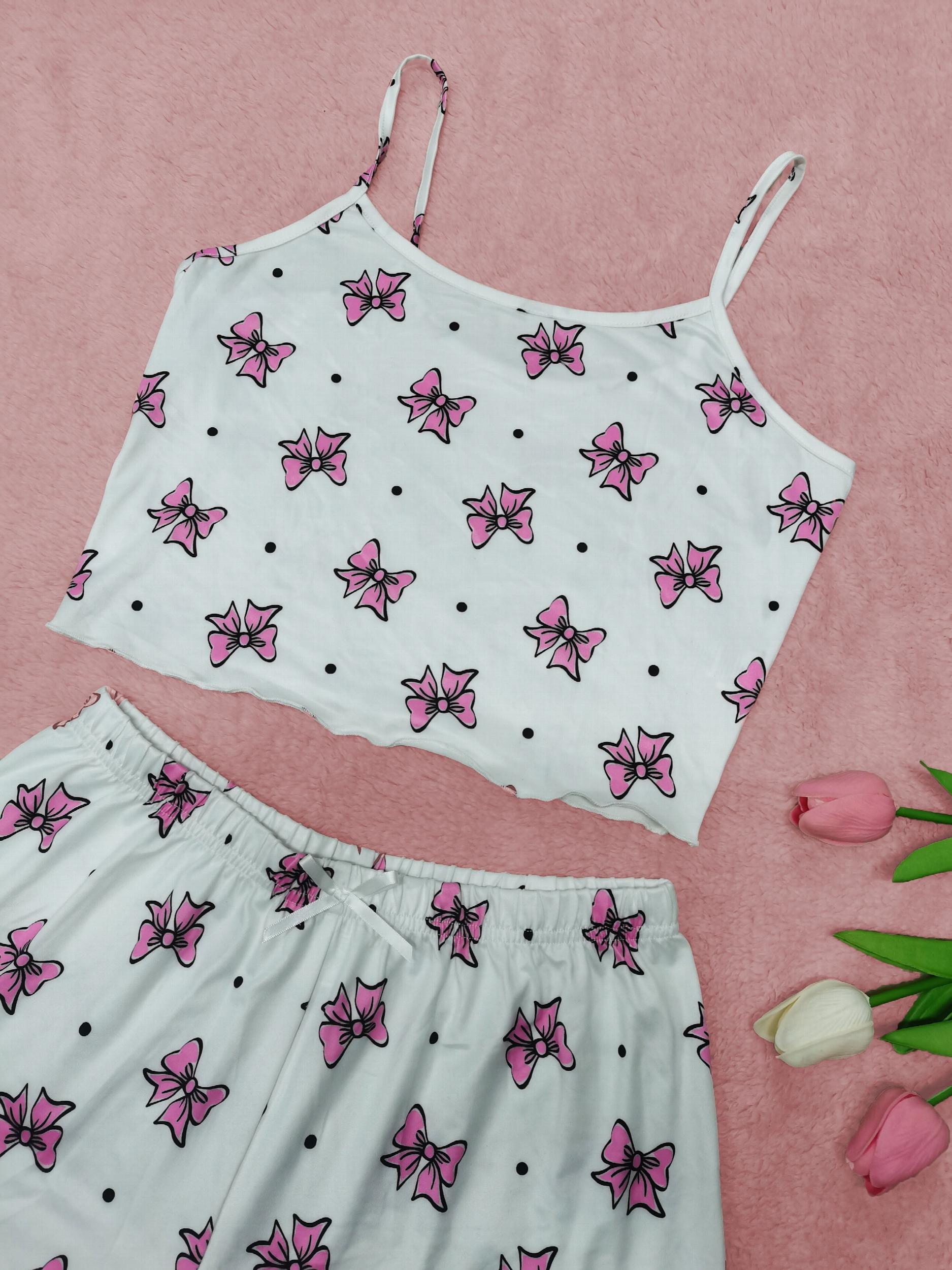 Bow Print Pajama Set Crew Neck Cami Top & Shorts Sleepwear Loungewear