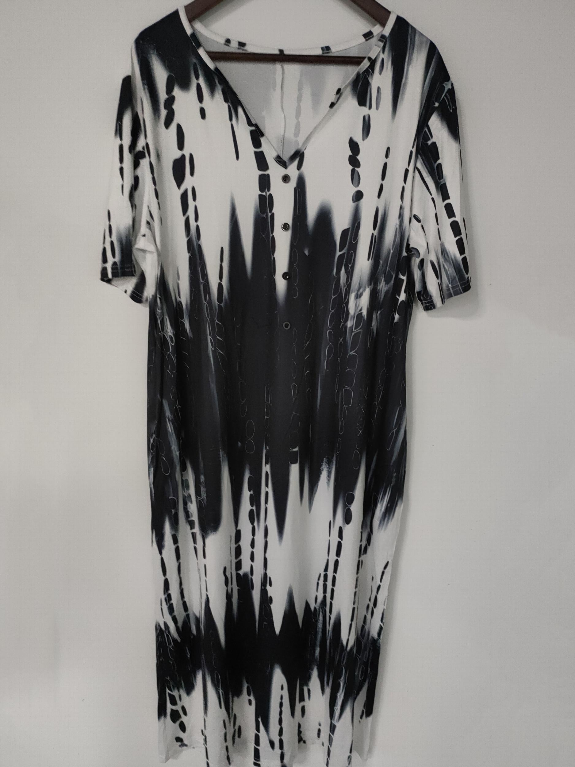  Tie Dye Button Decor Short Sleeve Notched Neck Dress