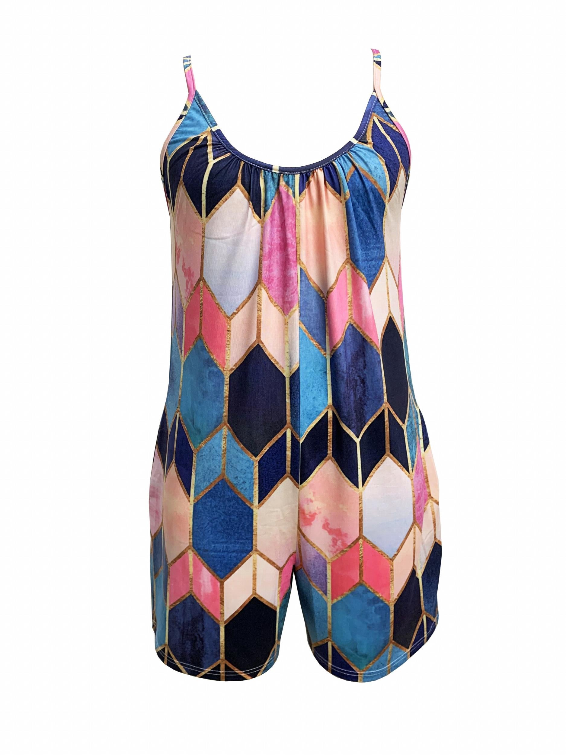 Geometric Print Spaghetti Romper Jumpsuit Sleeveless