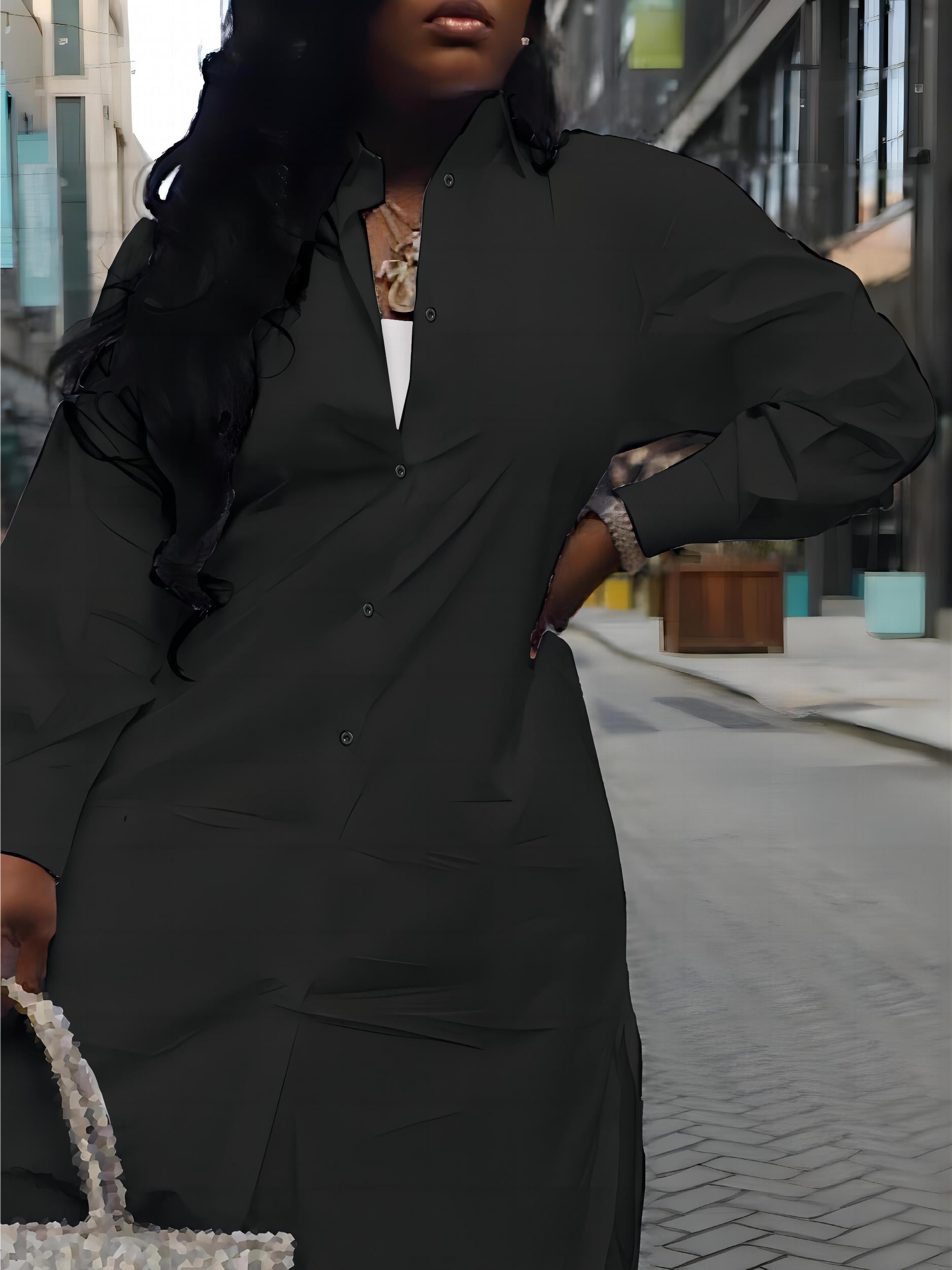 Women's Plus Solid Button Up Lantern Sleeve Midi Shirt Dress