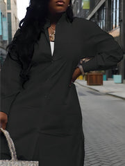 Women's Plus Solid Button Up Lantern Sleeve Midi Shirt Dress