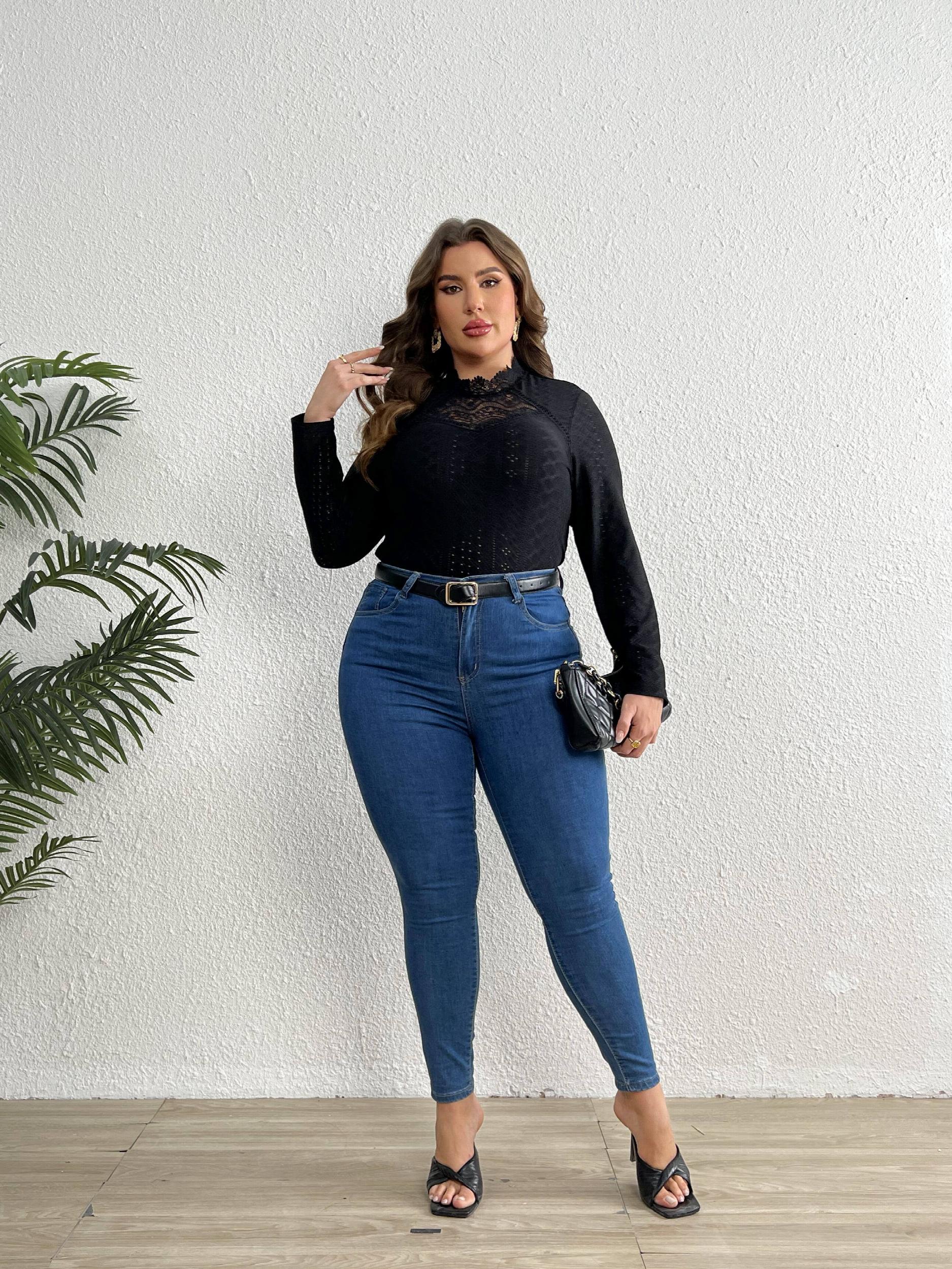  Lace Eyelet Embroidered Blouse Long Sleeve Floral Trim