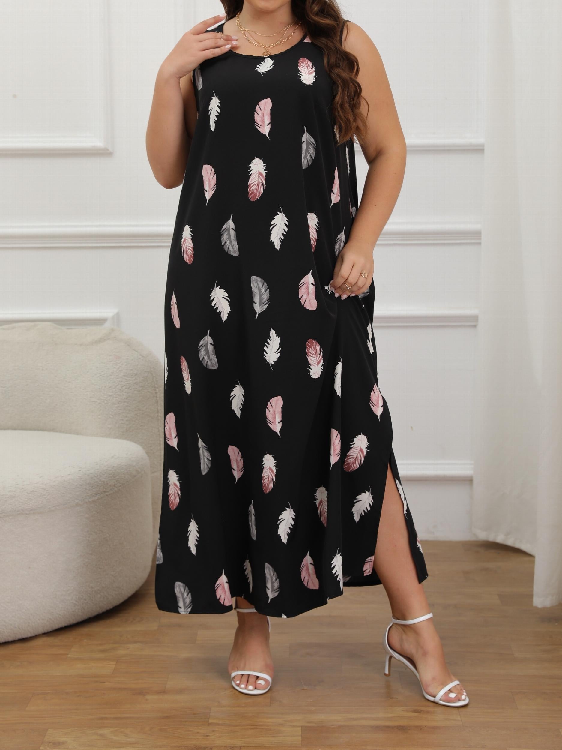 Feather Print Round Neck Split Maxi Dress