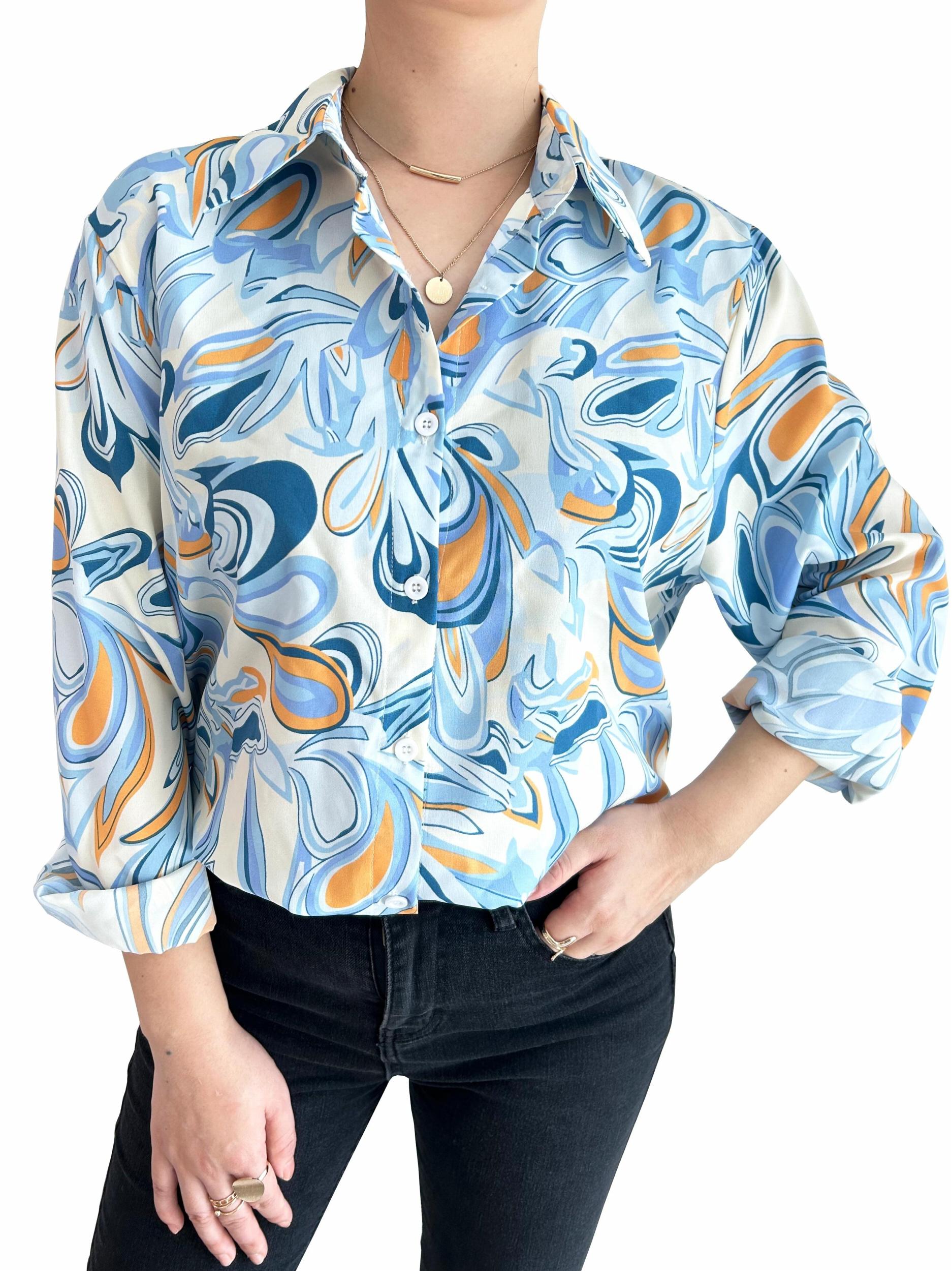  Women's Graphic Print Long Sleeve Button Up Shirt
