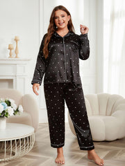  Satin Heart Print Pajama Set Shirt & Pants Lounge Two Piece