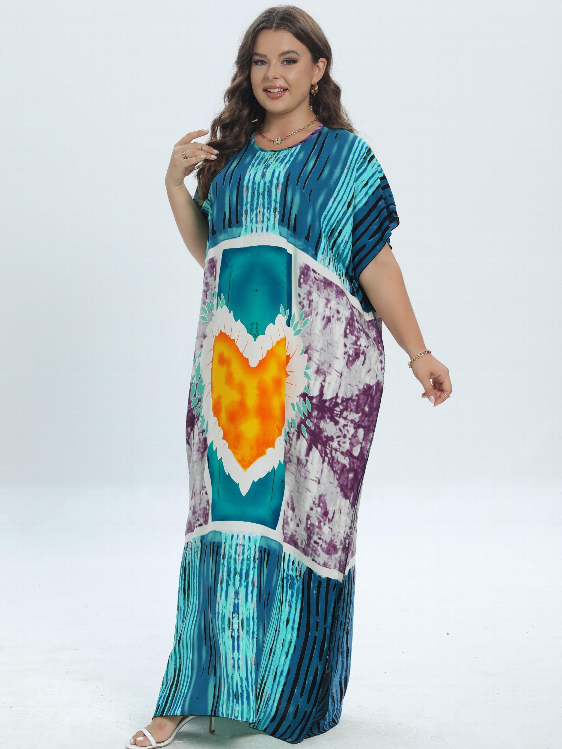  Heart Print Tie Dye Kaftan Dress