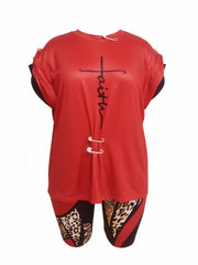 Women's Plus Cross Print Tee & Leopard Shorts Set