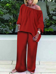  Casual 2 Piece Set Solid Long Sleeve One Shoulder Loose Top & Pants