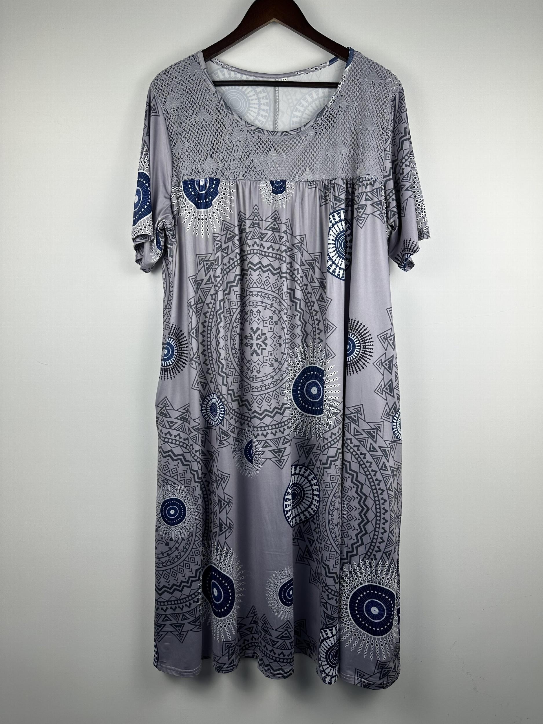  Casual Dress Women's Plus Random Print Contrast Lace Short Sleeve