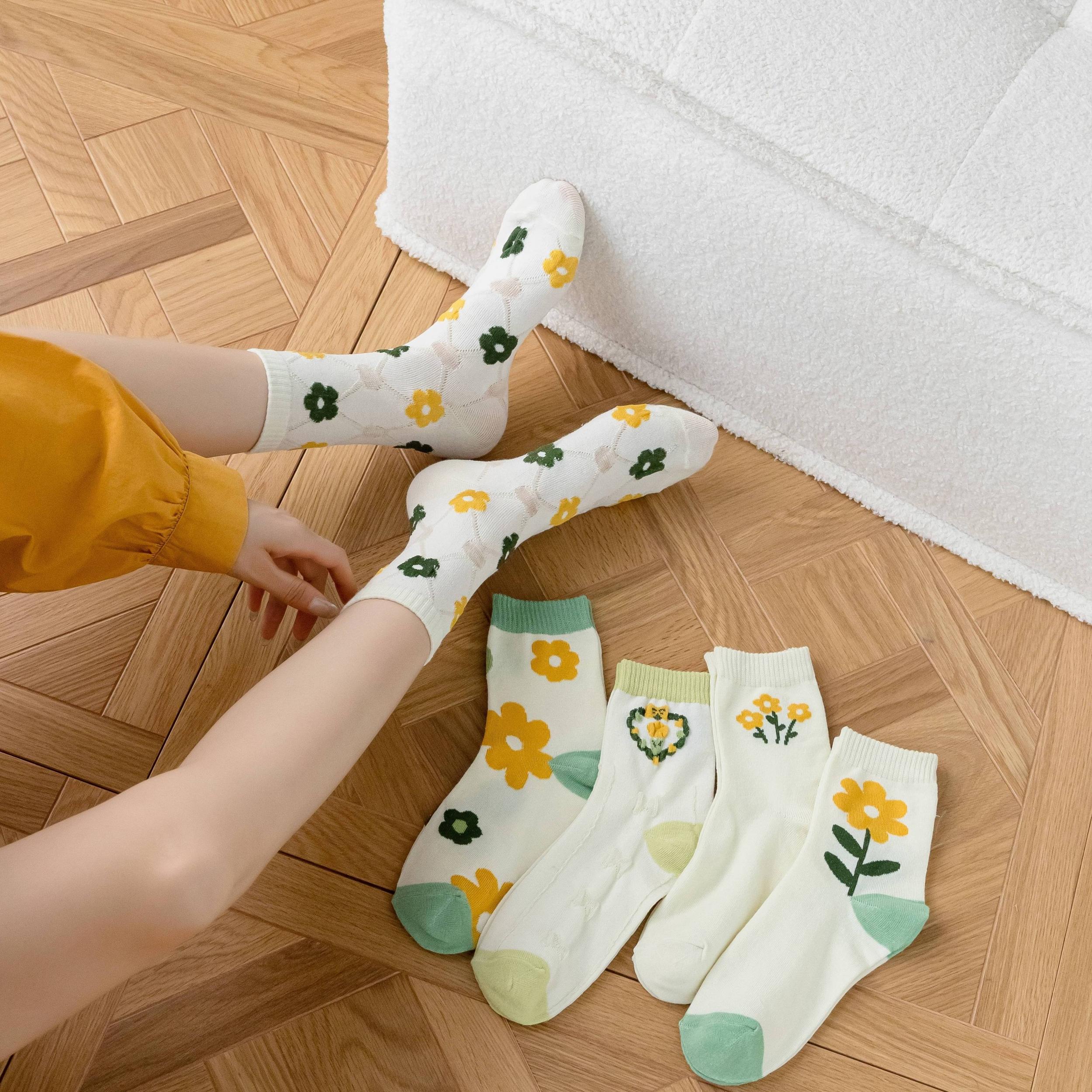 5 Pairs Floral Print Socks Women's Mid Tube Stockings & Hosiery