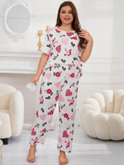  Floral & Heart Print Short Sleeve Tee & Pants Home Wear Set