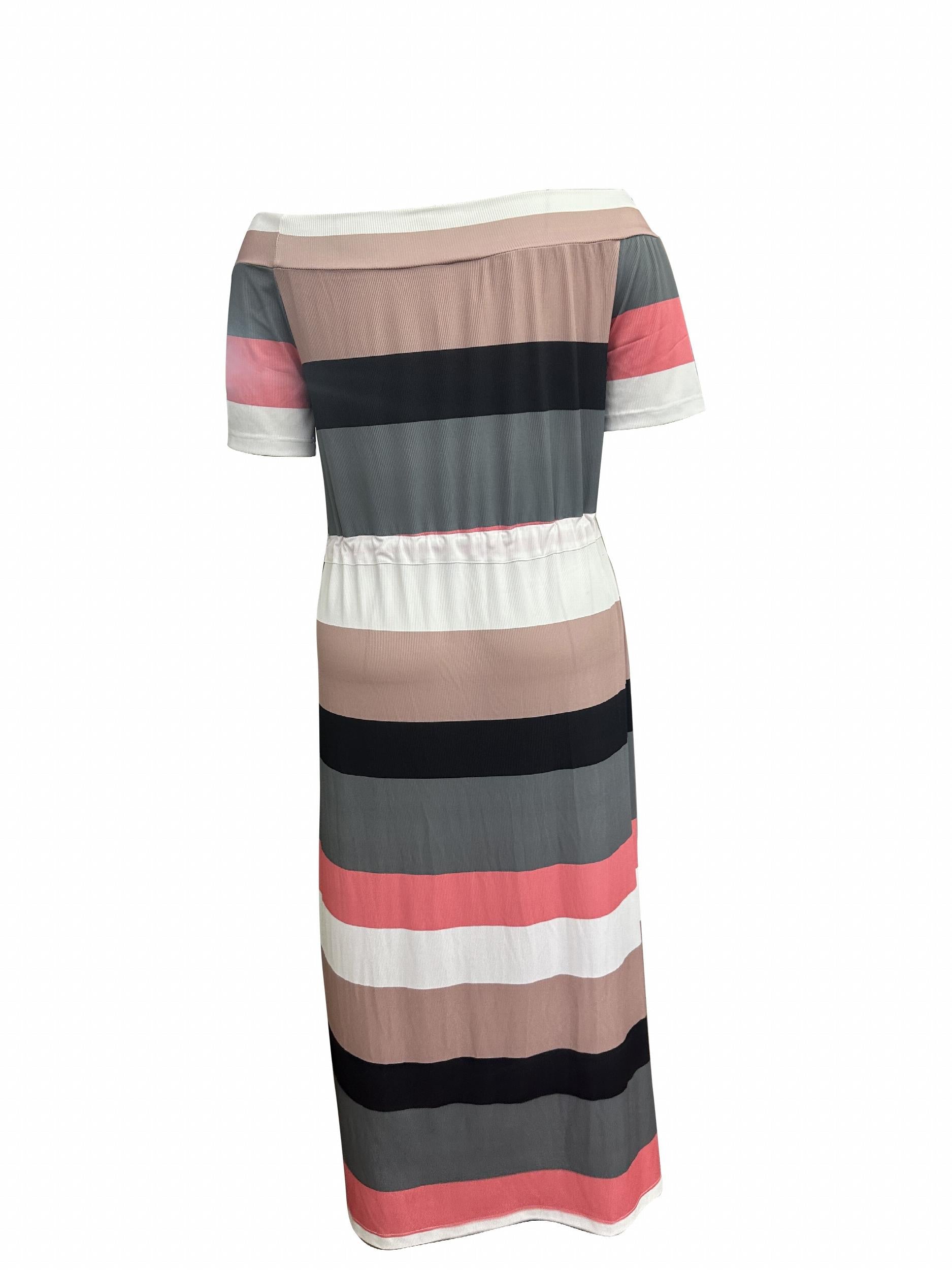  Colorblock Striped Off Shoulder Maxi Dress With Pockets