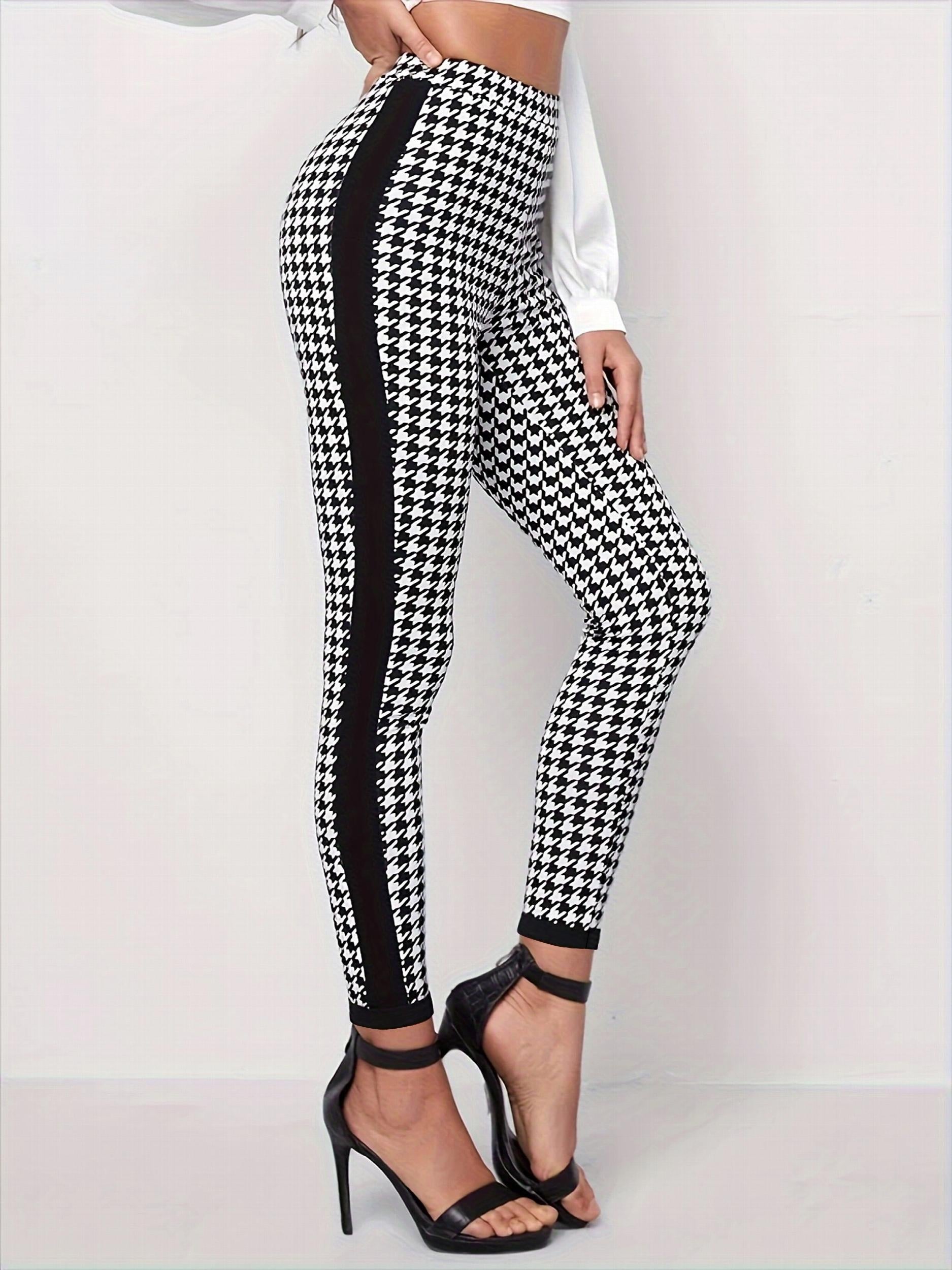  Houndstooth & Striped Print Leggings Medium Stretch Slim Fit